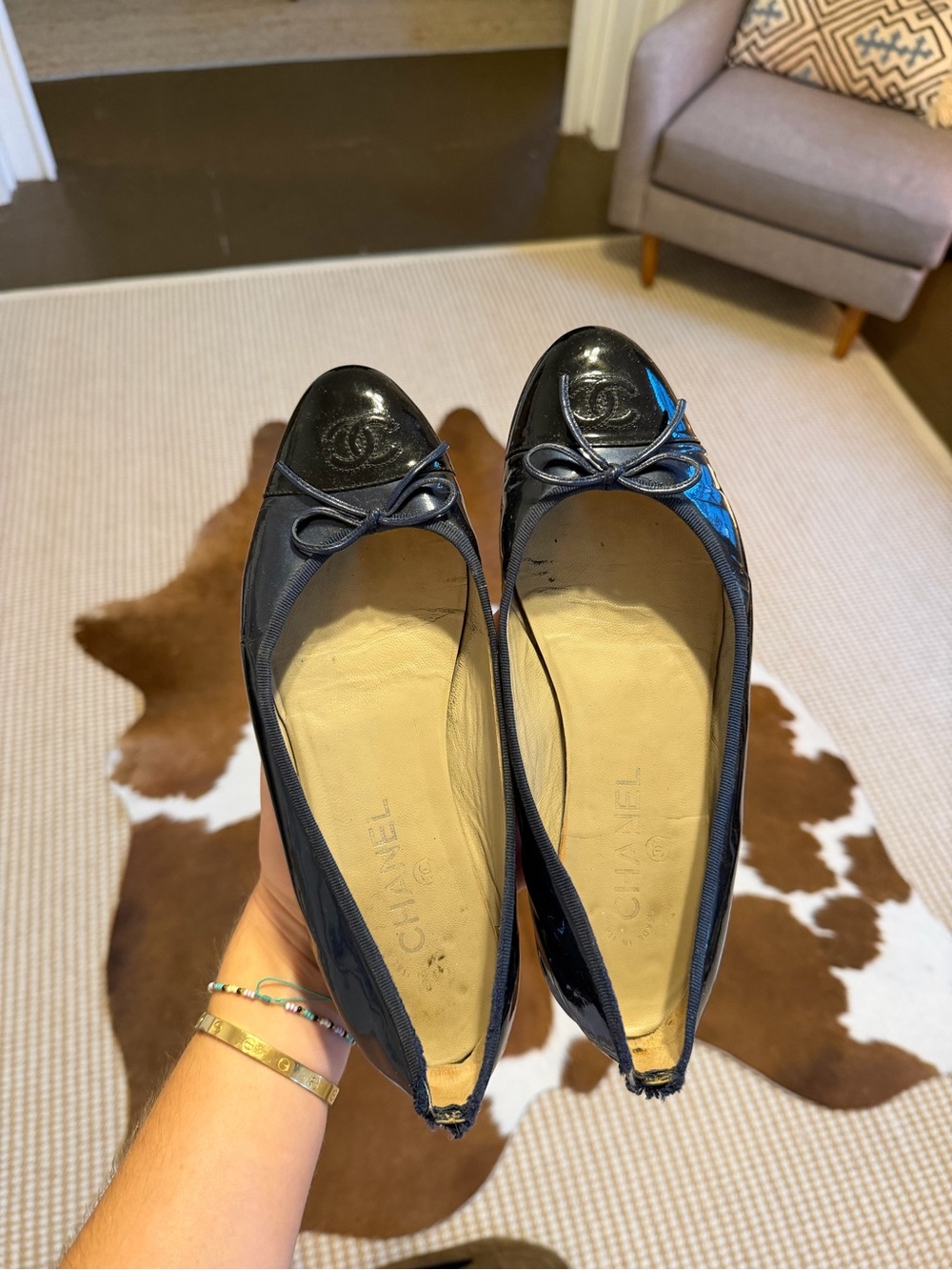 CHANEL Black Leather Cap-Toe Ballet Flats with Bow